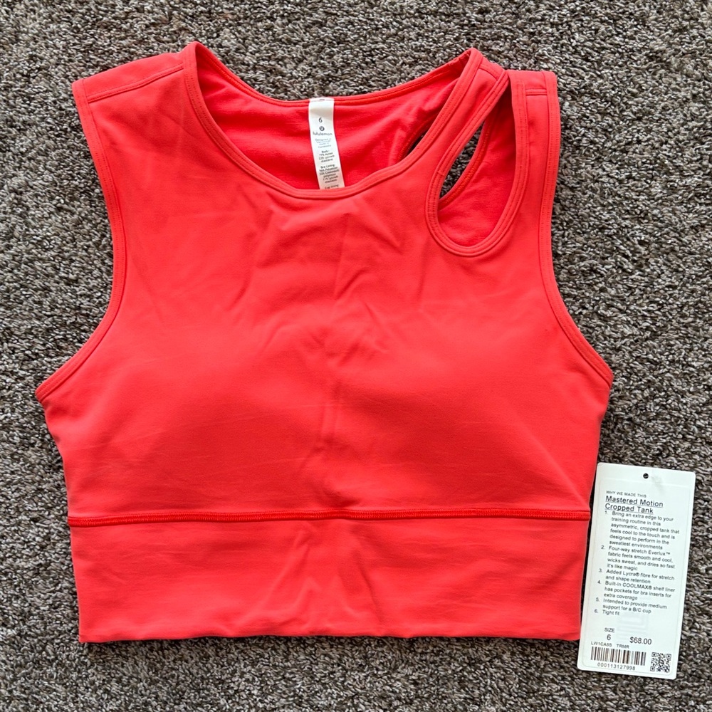 NWT Lululemon Women's Coral Mastered Motion Crop Tank Size 6